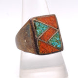 Vintage Sterling Turquoise and Coral Inlay Ring 9.5