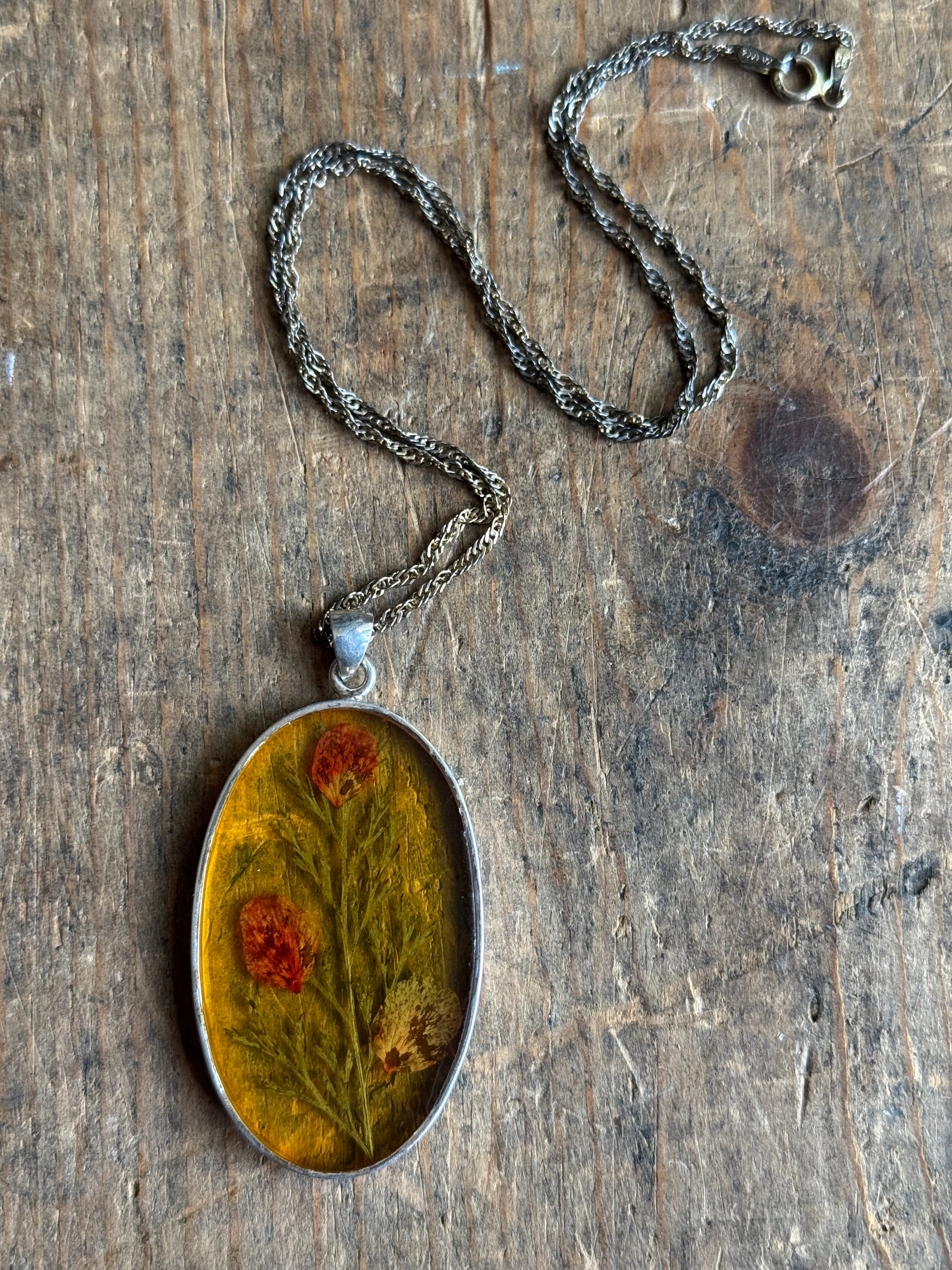 Vintage Sterling Silver Resin Pressed Flower Necklace