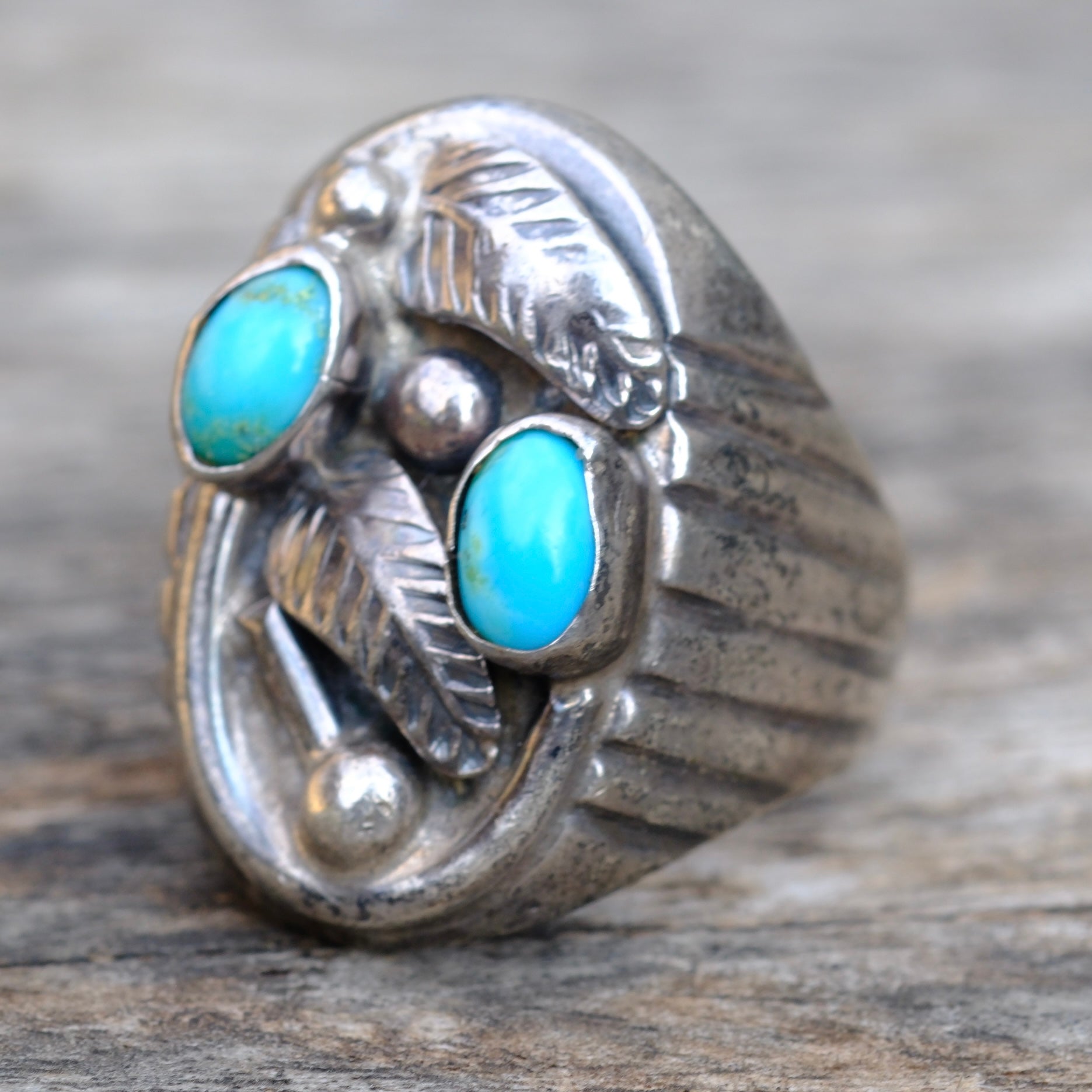 Vintage Sterling 2-Stone Turquoise Feather Ring 9.5