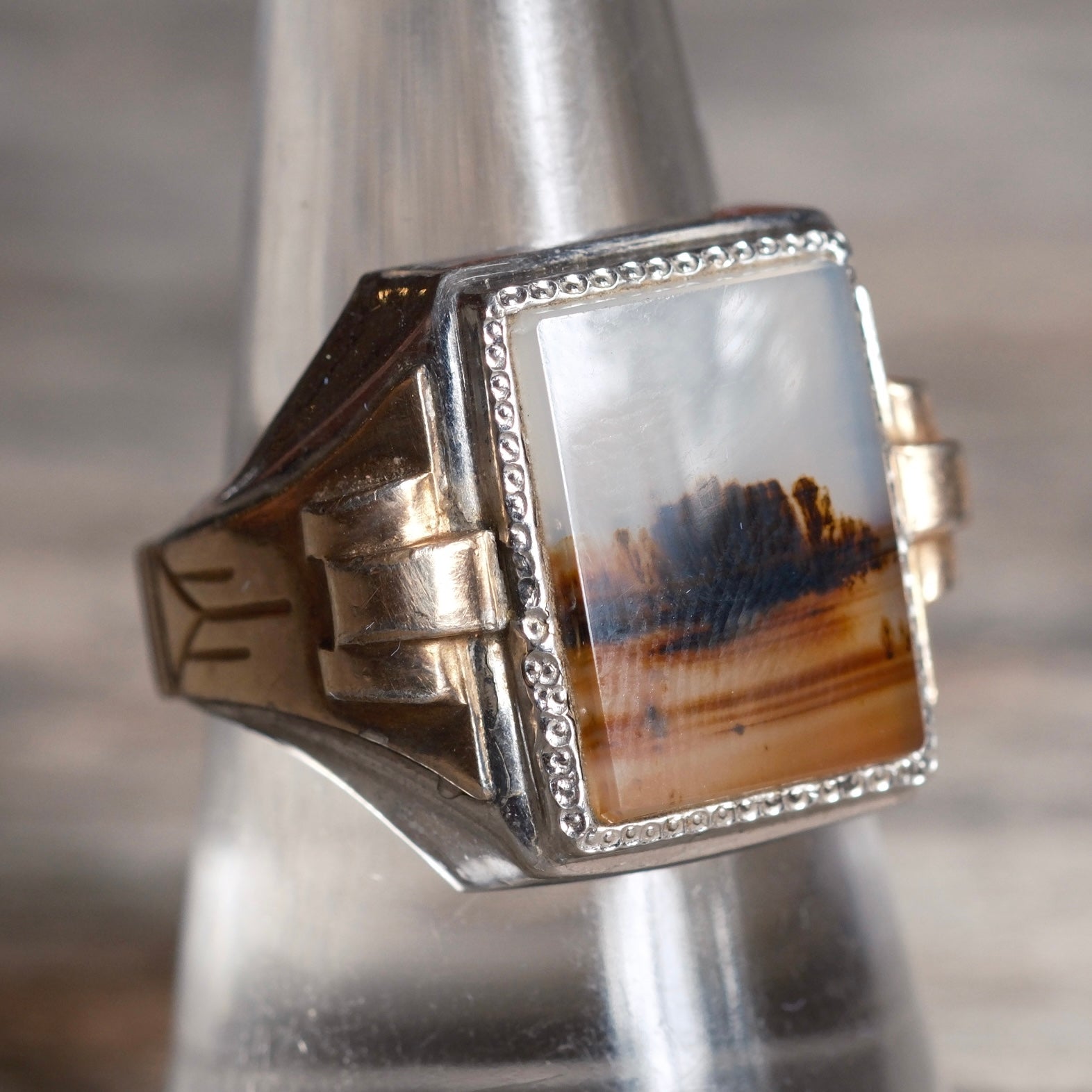 Vintage Sterling and Gold Agate Signet Ring Ring 9.75