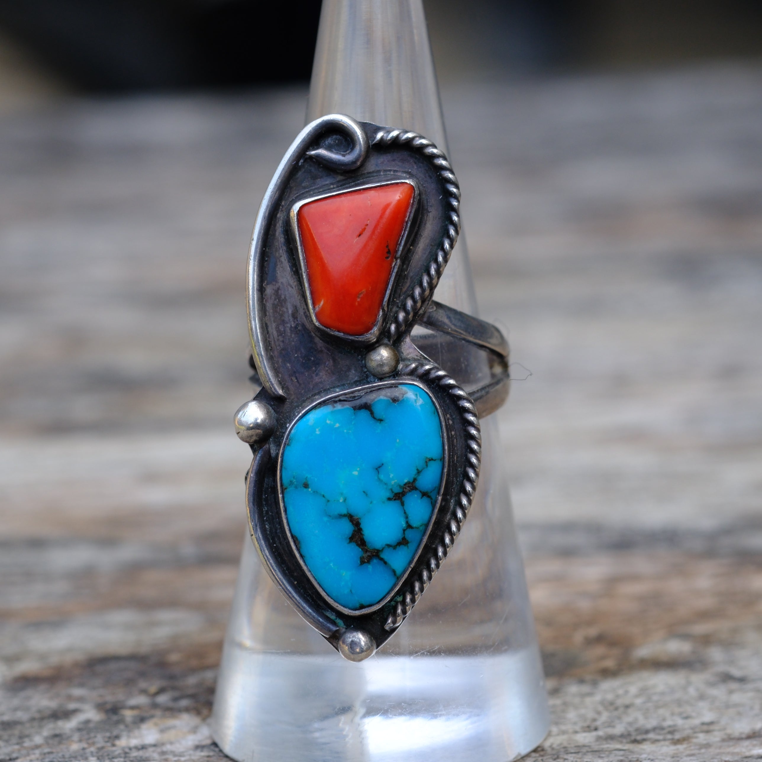 Vintage Sterling Turquoise and Coral Ring 6.75