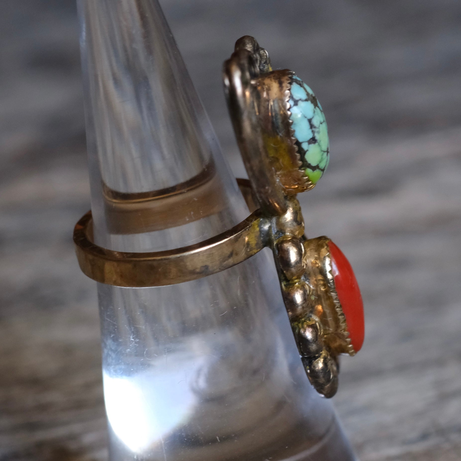 Vintage Gold Wash Sterling Turquoise and Coral Ring 4.75