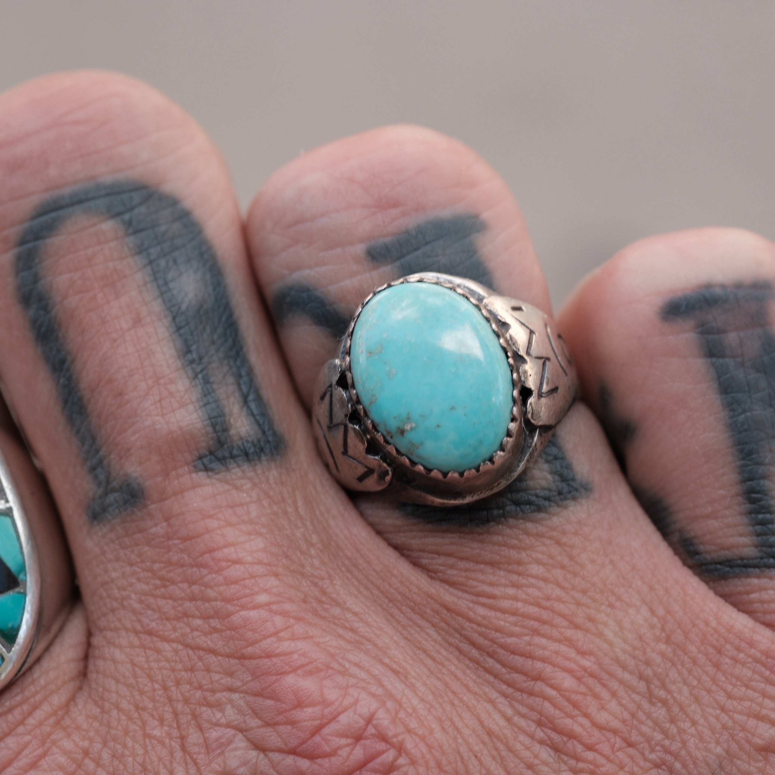 Vintage Sterling Turquoise Stamped Band Ring 8