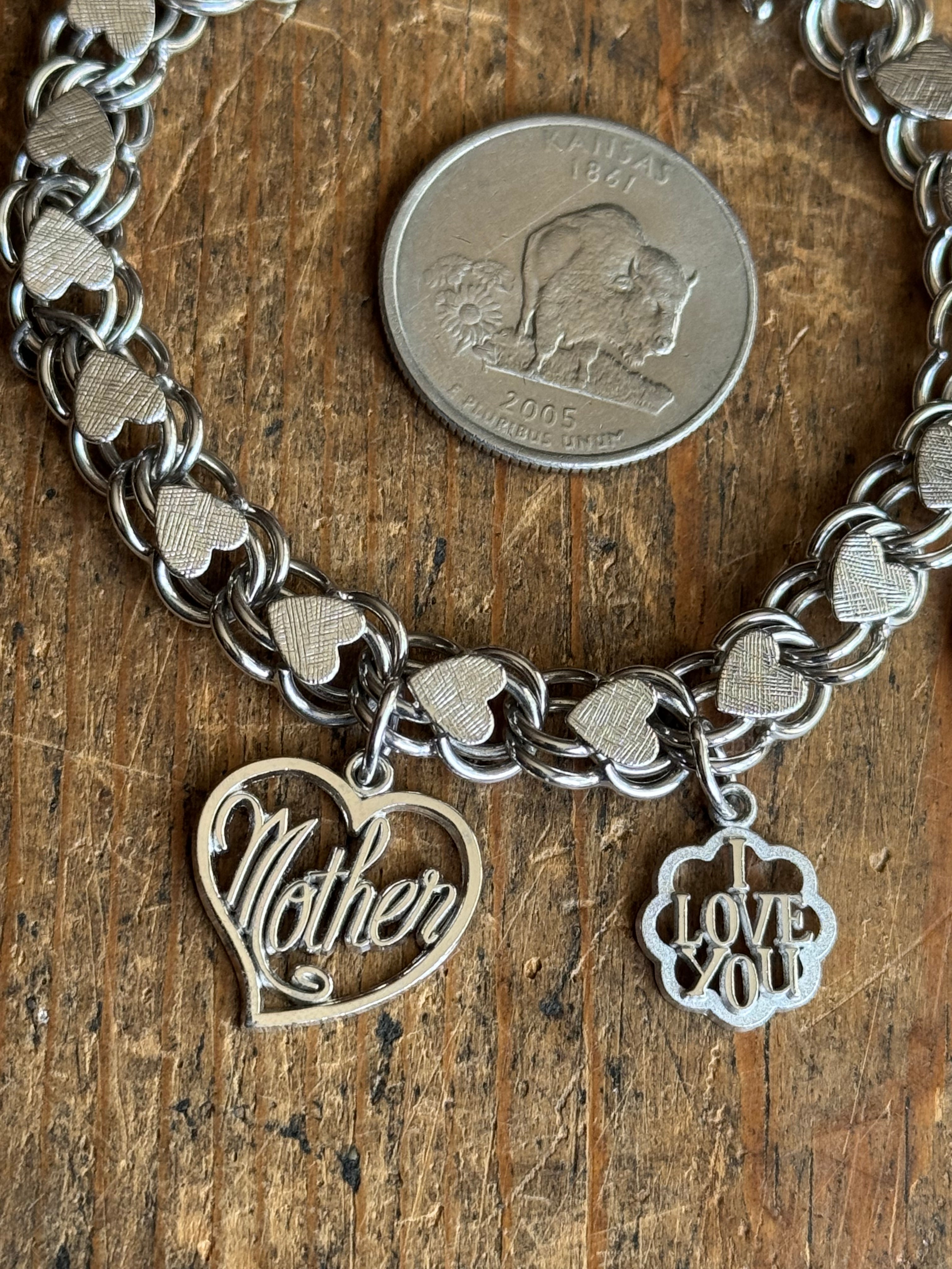 Vintage Sterling Silver 7.25” Double Heart Link Charm Bracelet