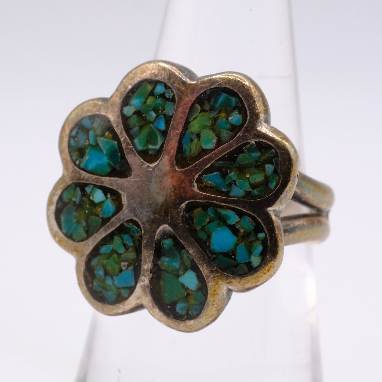 Vintage Sterling Turquoise Inlay Floral Ring 6.25