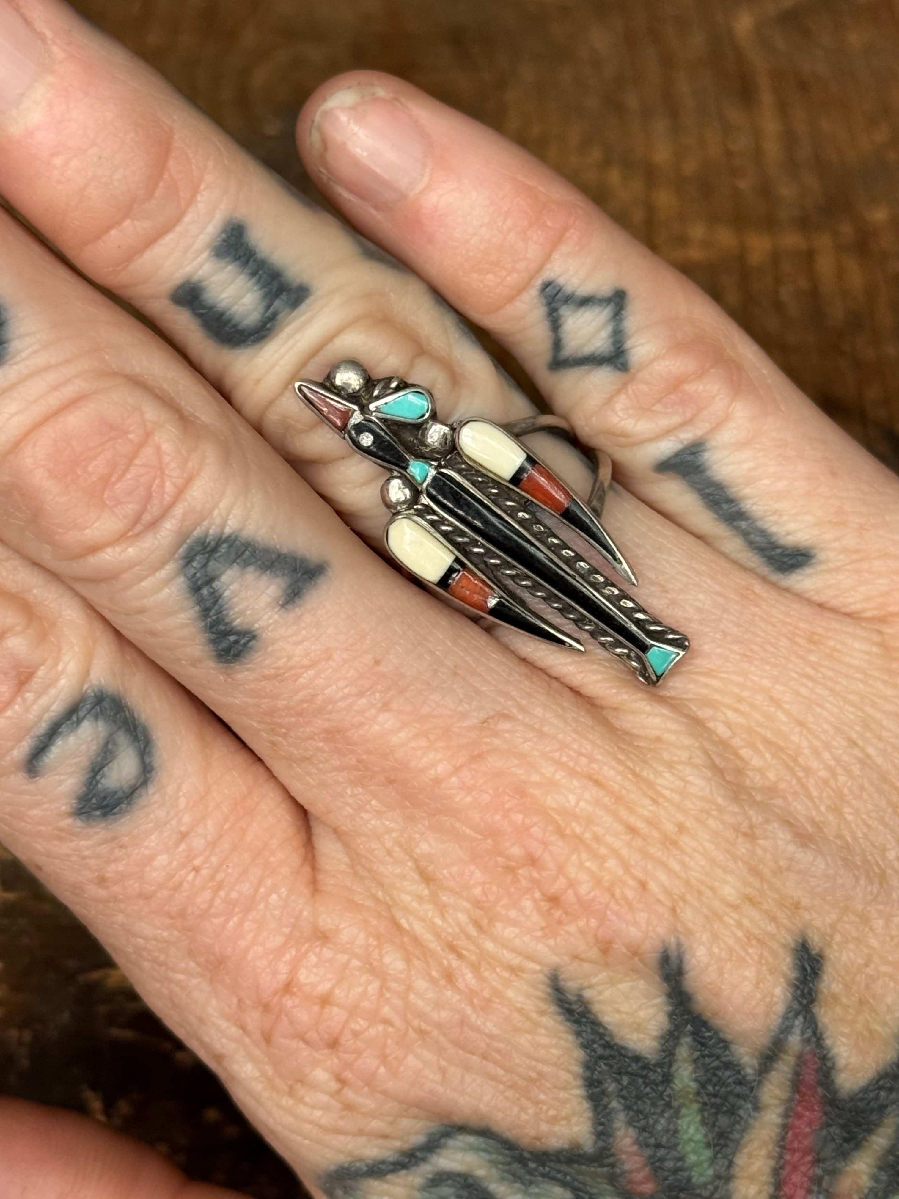 Vintage Sterling Silver Zuni Multistone Inlay Peyote Bird Ring 5.25