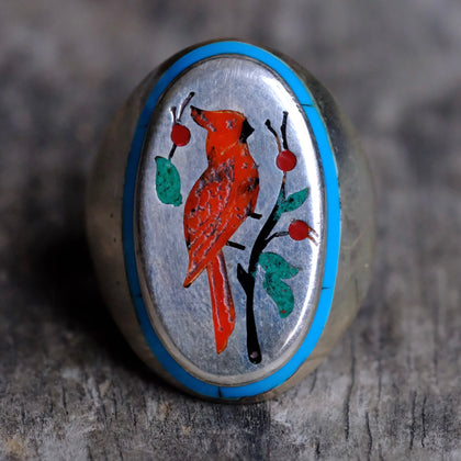 Vintage Sterling Inlaid Cardinal Ring 11.25