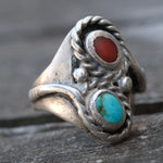 Vintage Sterling Turquoise and Coral Snake Ring 7.25