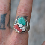 Vintage Sterling Turquoise and Coral Feather Ring 9.75