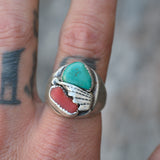 Vintage Sterling Turquoise and Coral Feather Ring 9.75