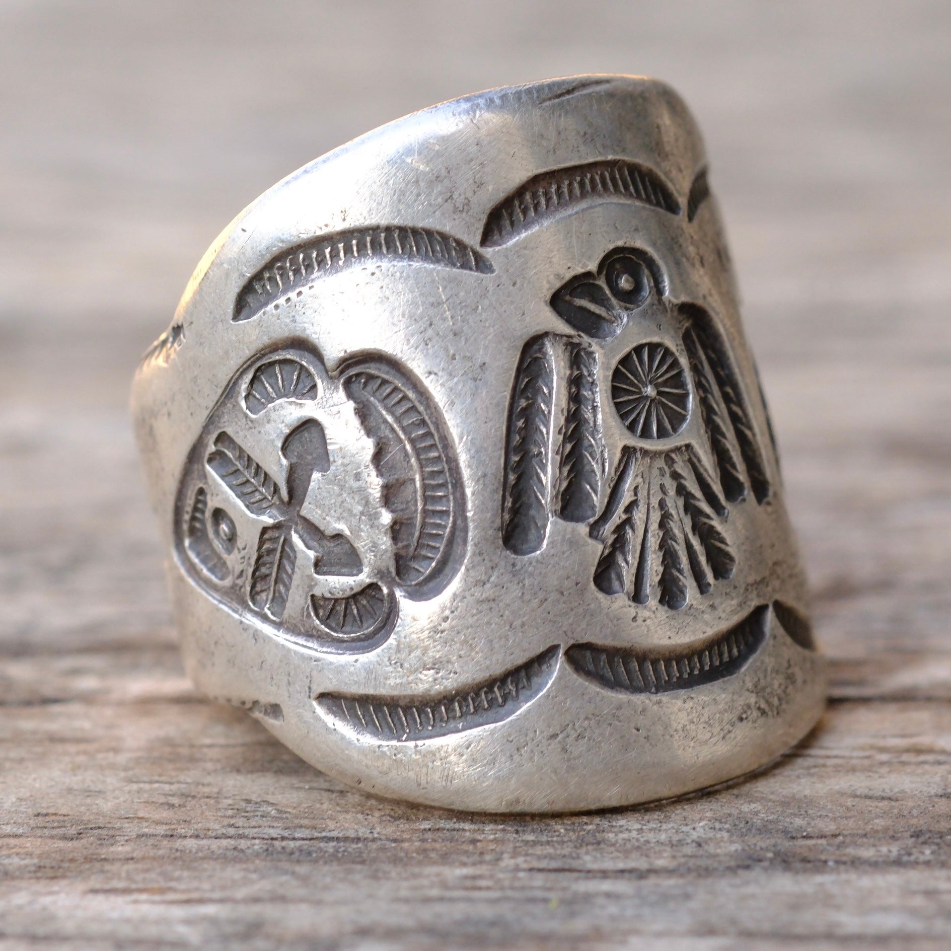 HEAVY Ingot Silver Stamped Thunderbird Cigar Band Ring 10.25