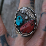 Vintage Sterling Turquoise And Coral Feather Ring 9.5