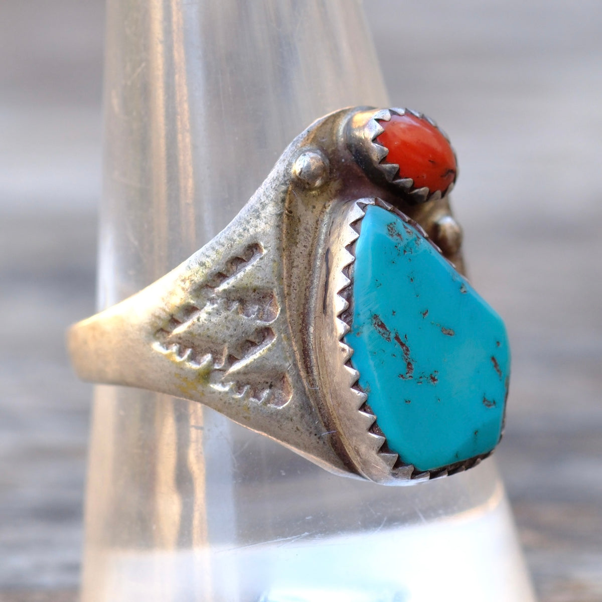 Vintage Sterling Turquoise and Coral Stamped Band Ring 10.25