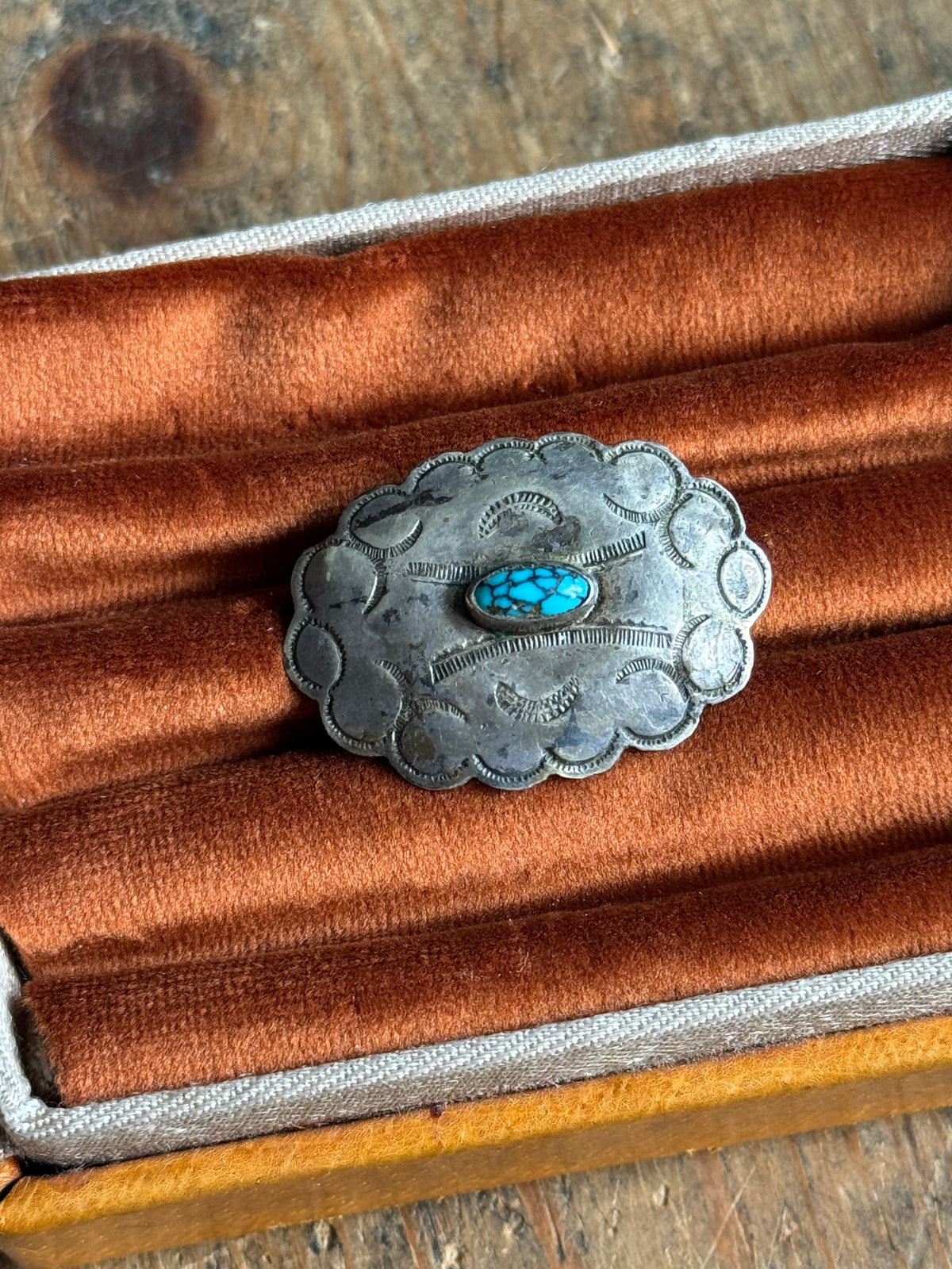 Vintage Sterling Silver Turquoise Stamped Concho Pin