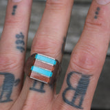 Vintage Sterling Turquoise and Goldstone Inlay Striper Ring 12