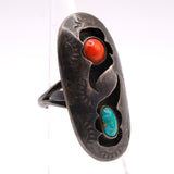 Vintage Sterling Turquoise and Coral Shadowbox Ring 3.75