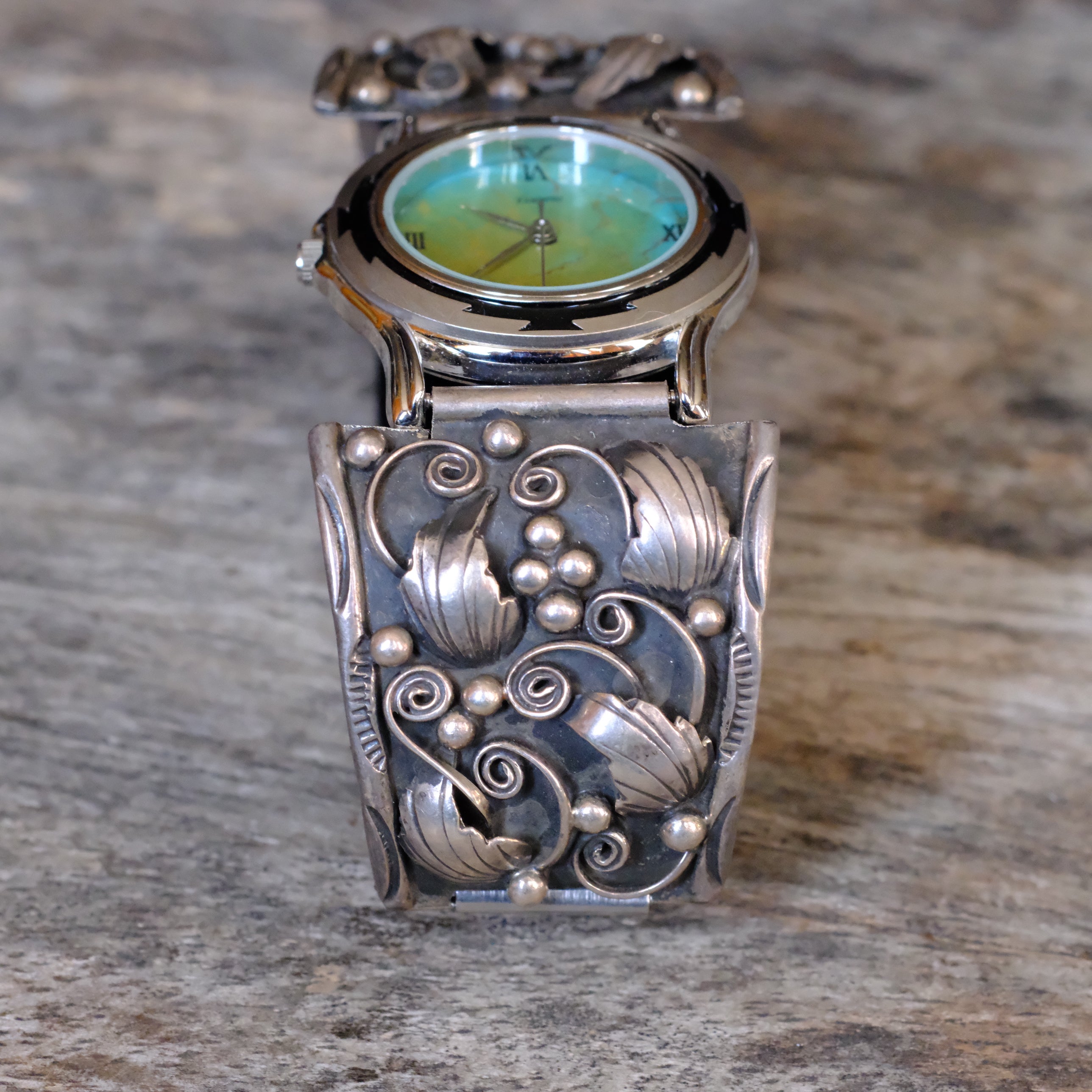 Vintage Sterling Feather Watch With Turquoise Dial