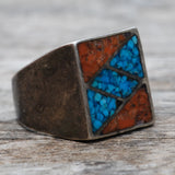 Vintage Sterling Crushed Turquoise and Coral Inlay Ring 10