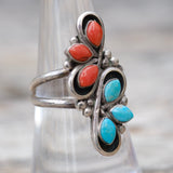 Vintage Sterling Turquoise and Coral Cluster Ring 7.5