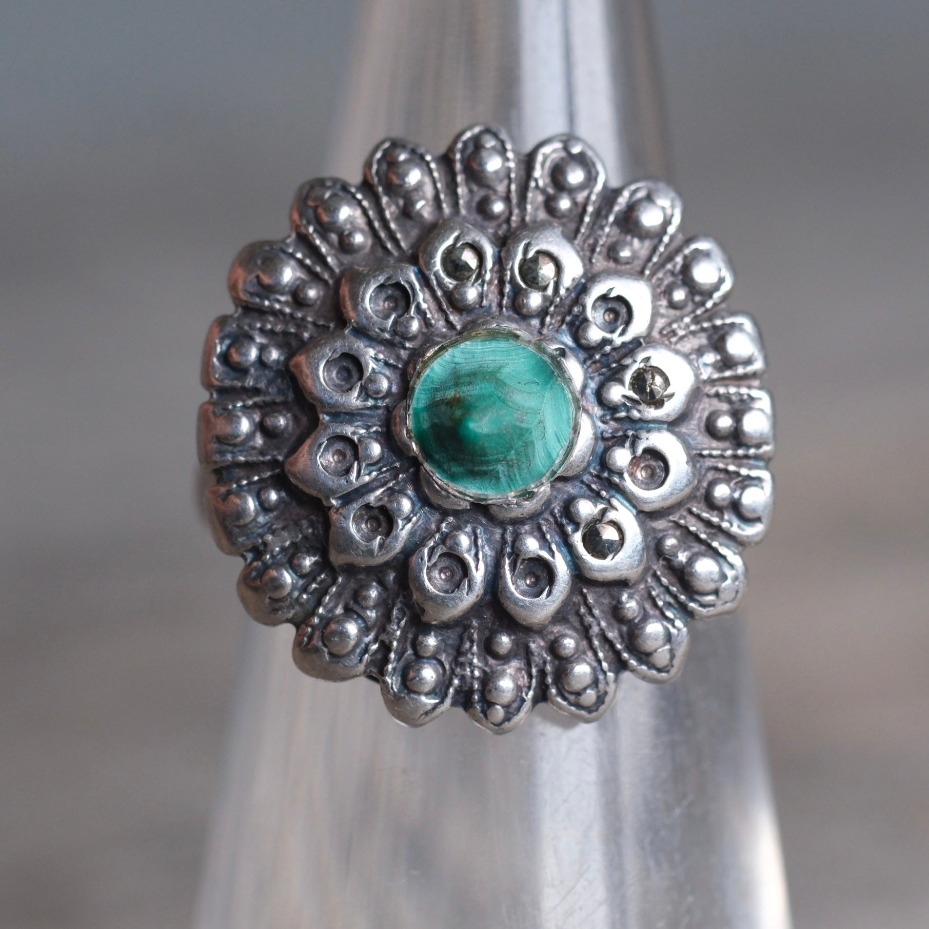 Vintage Sterling Turquoise Floral Ring 4.25