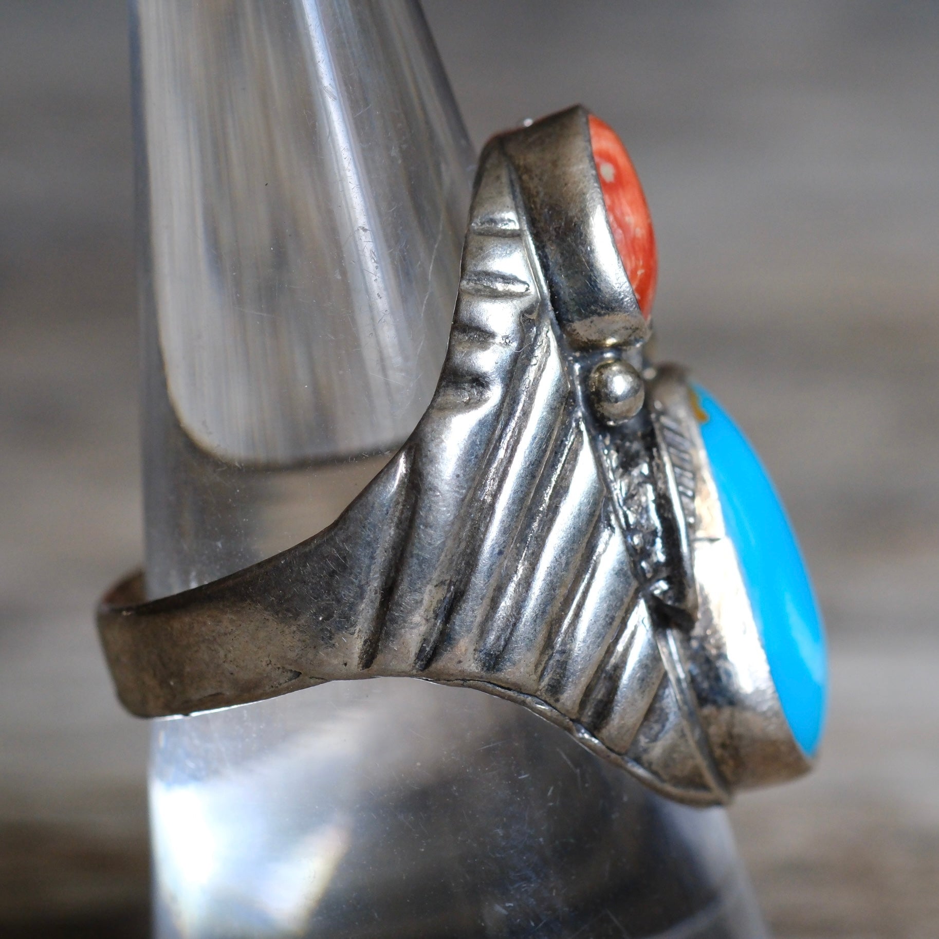 Vintage Sterling Turquoise and Coral Feather Ring 9