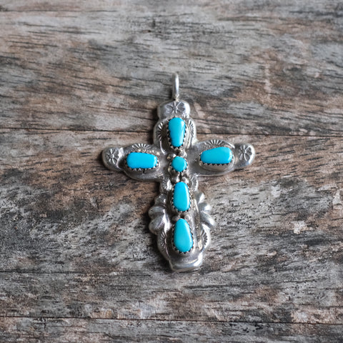 Vintage Sterling 7-Stone Coral  Cross Necklace