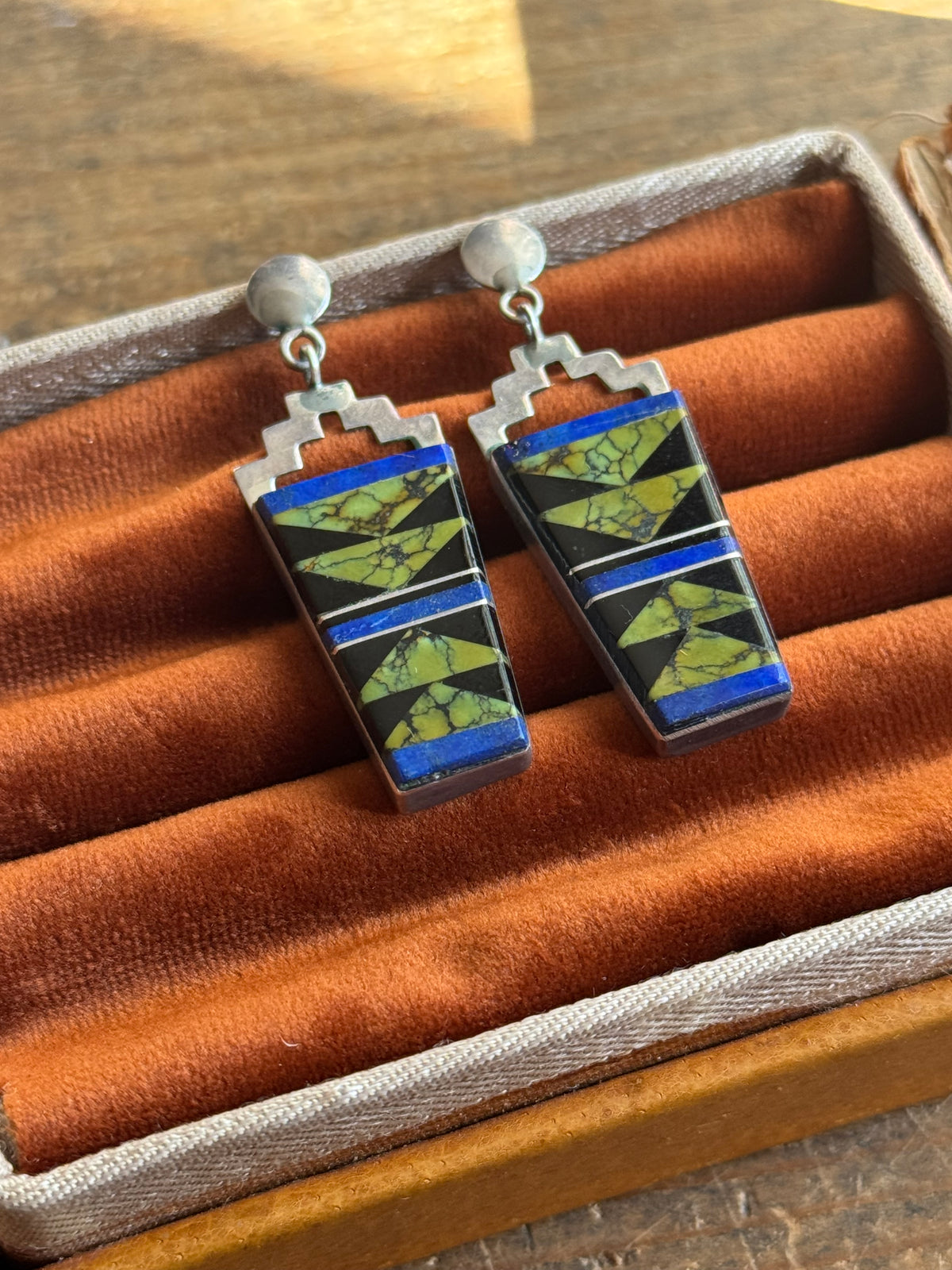 Vintage Sterling Silver Multistone Inlay Shield Earrings