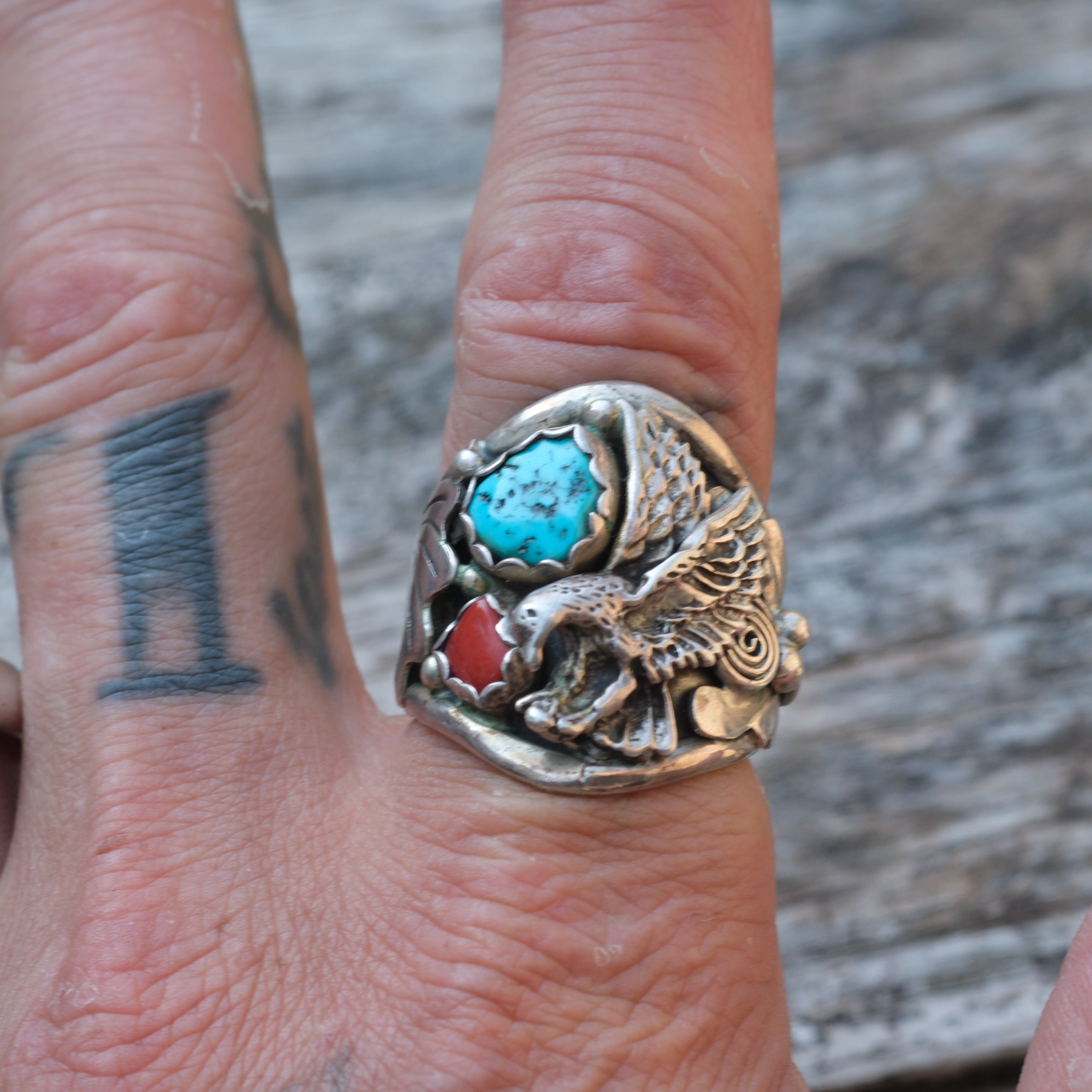 Vintage Sterling Turquoise and Coral Eagle Ring 10