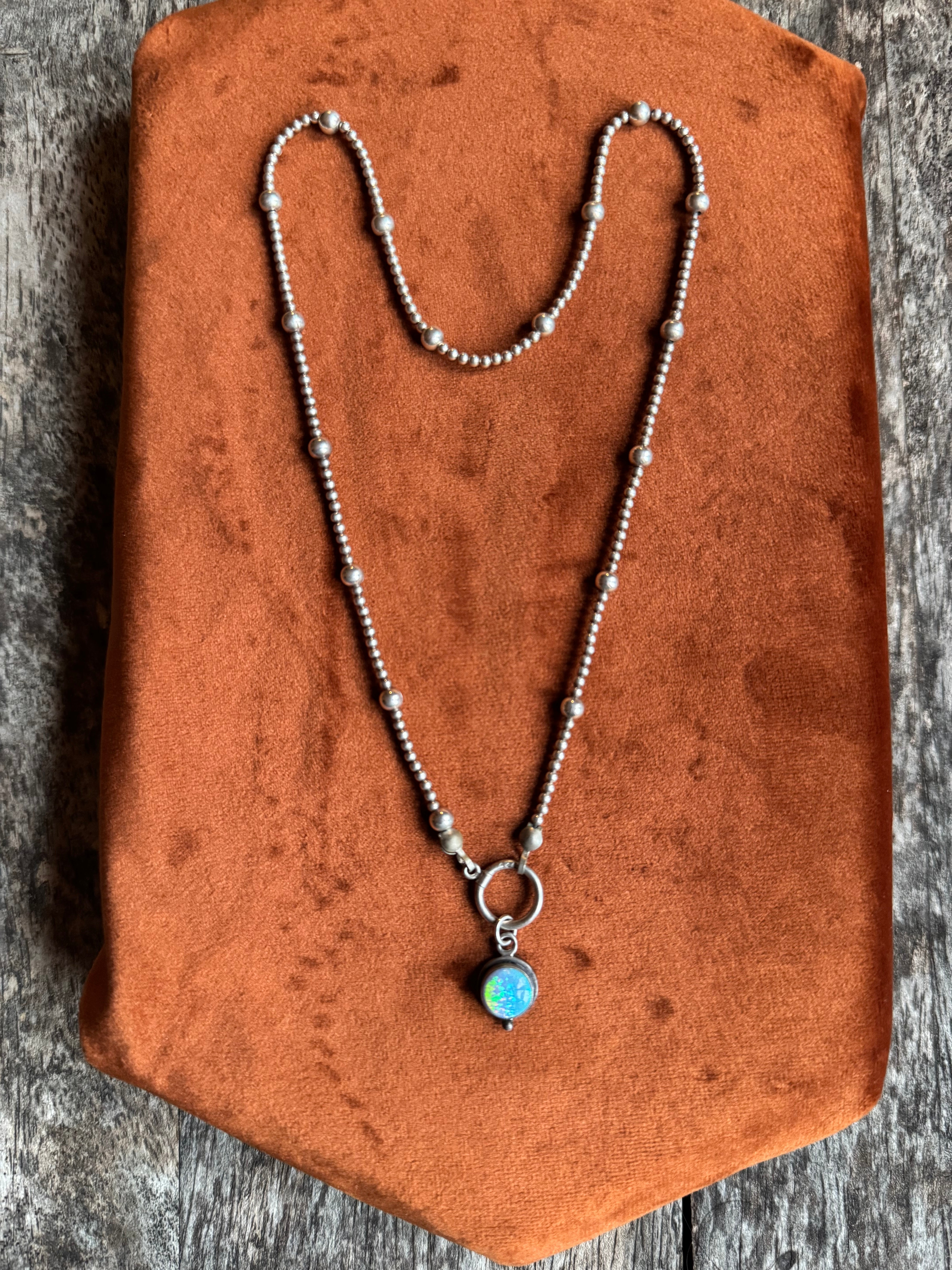 Vintage Sterling Silver 15” Beaded Opal Chain Necklace