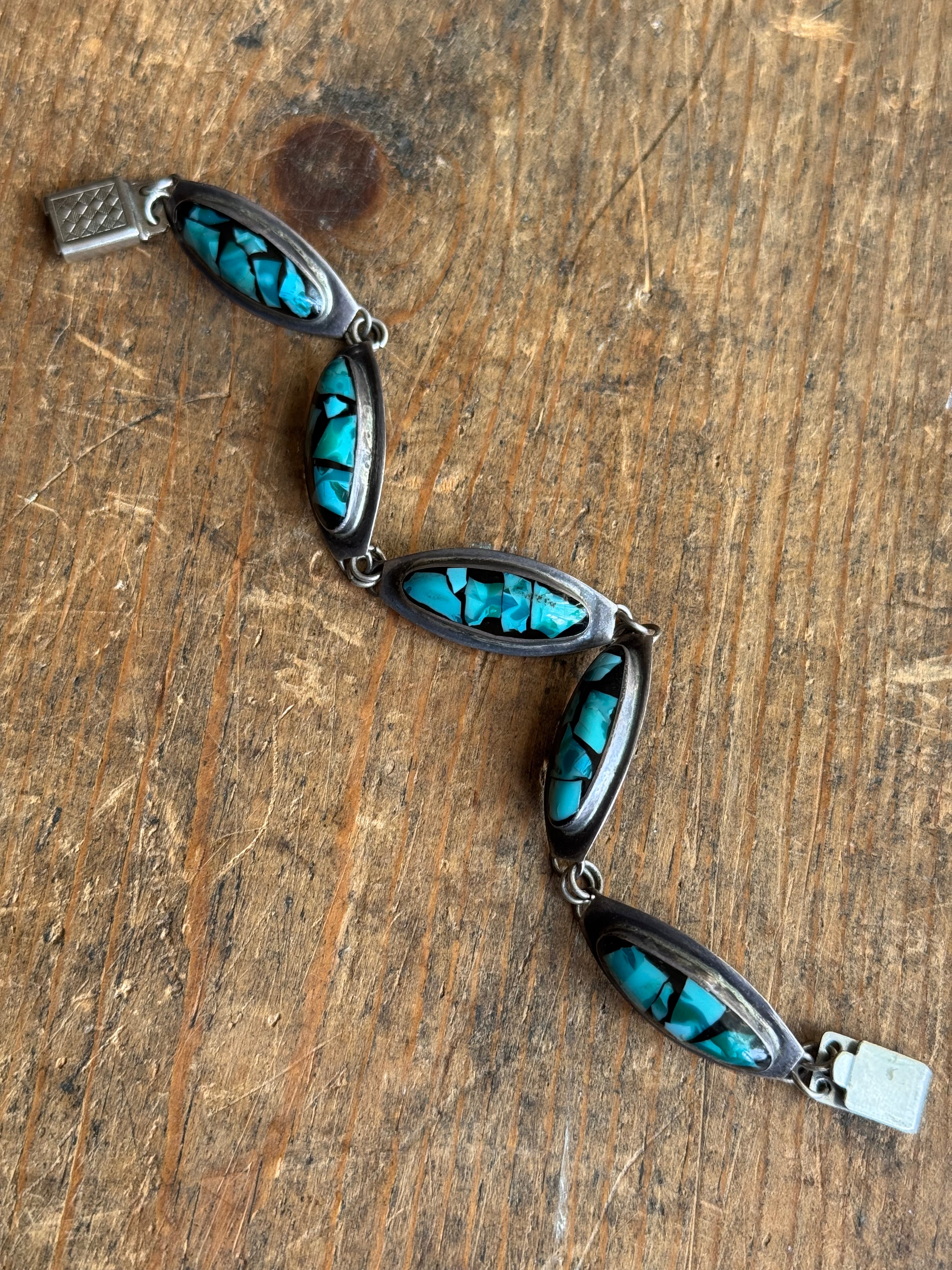 Vintage Sterling Silver 6.75” Turquoise Resin Link Bracelet