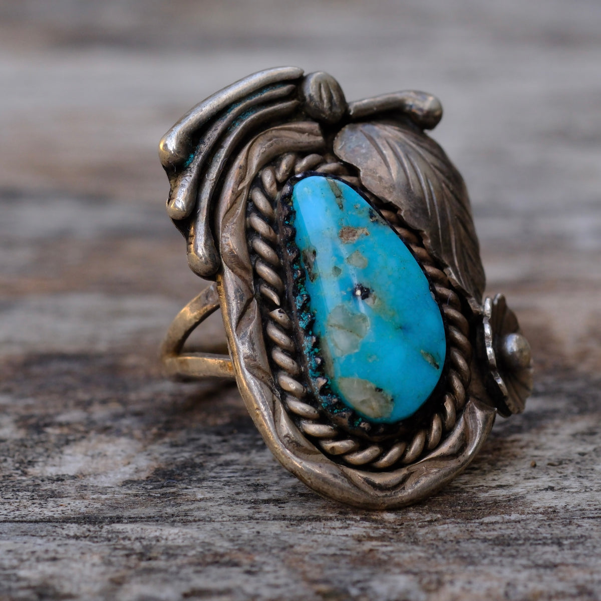 Vintage Sterling Turquoise Feather Ring 6