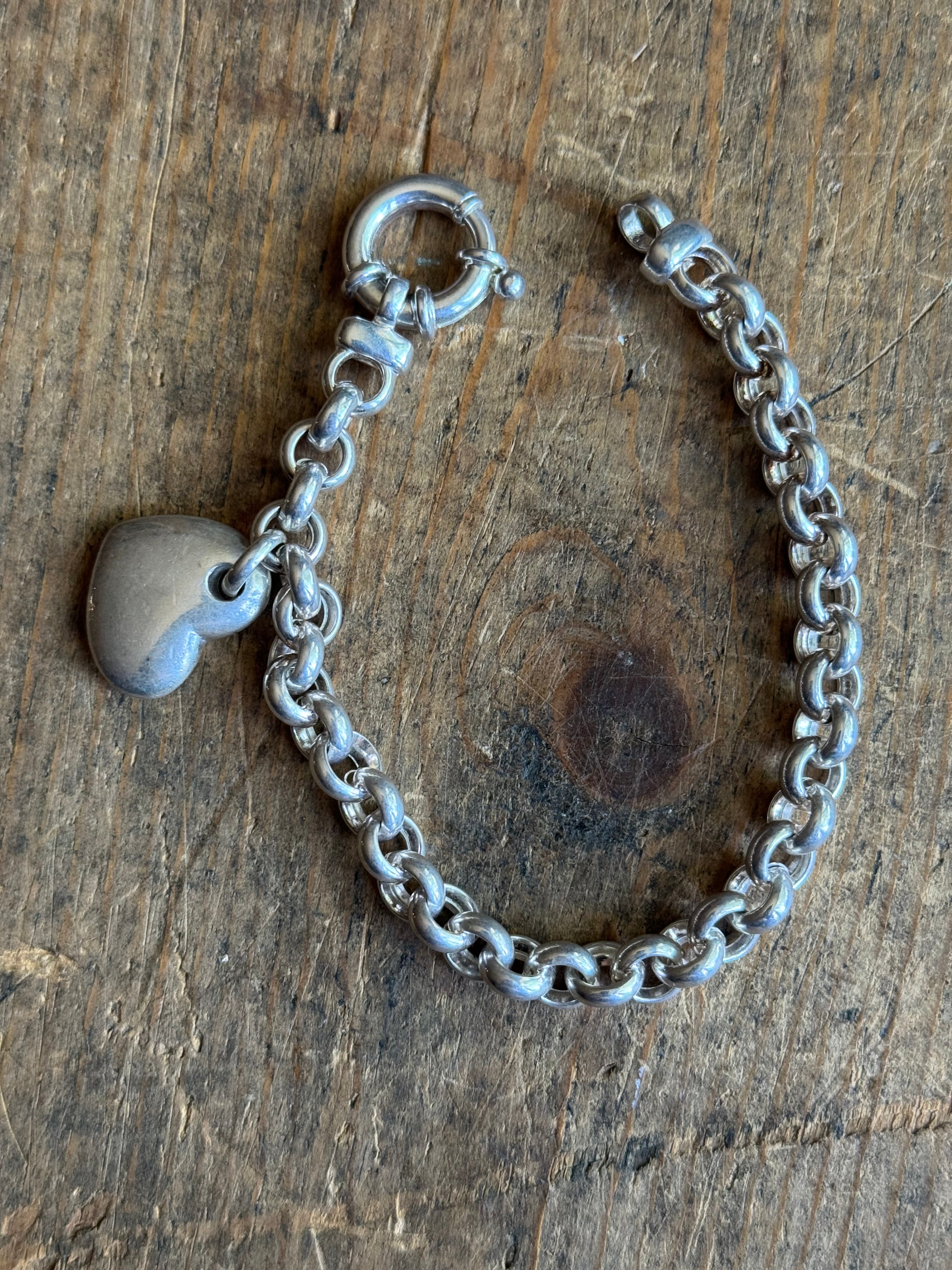 Vintage Sterling Silver Chunky Rolo Heart Charm Bracelet 7.5"
