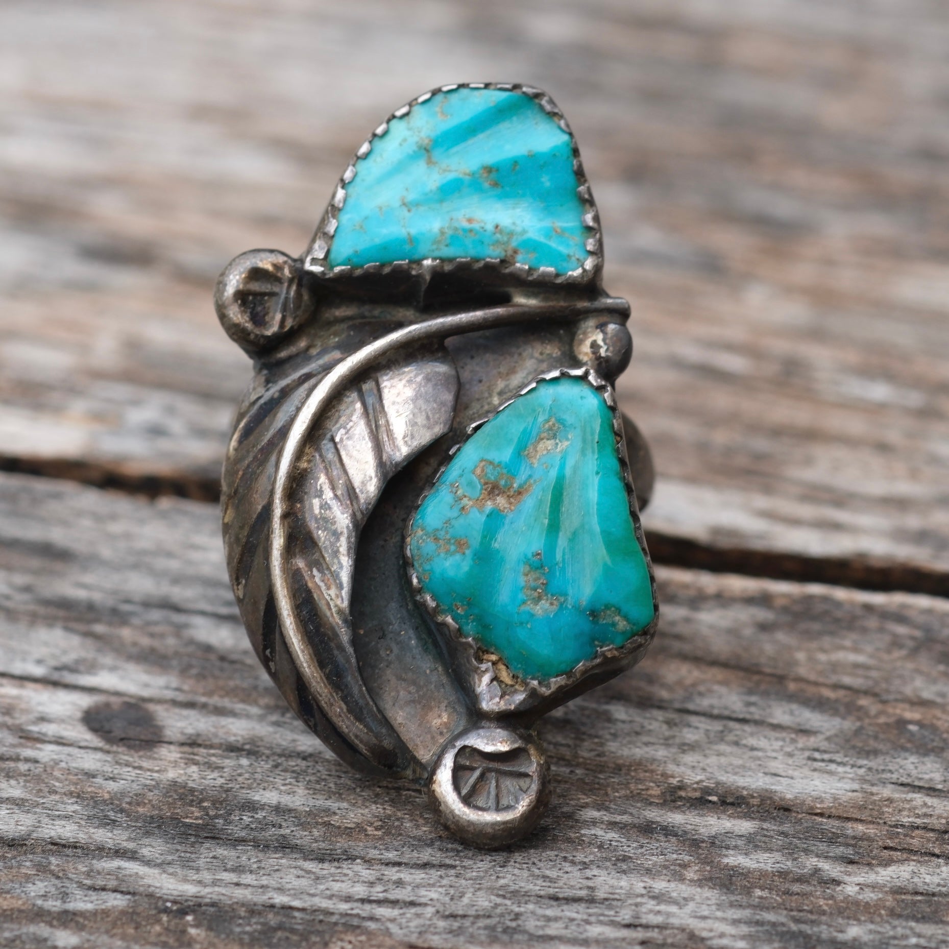 Vintage Sterling Carved Turquoise Feather Ring 6.25
