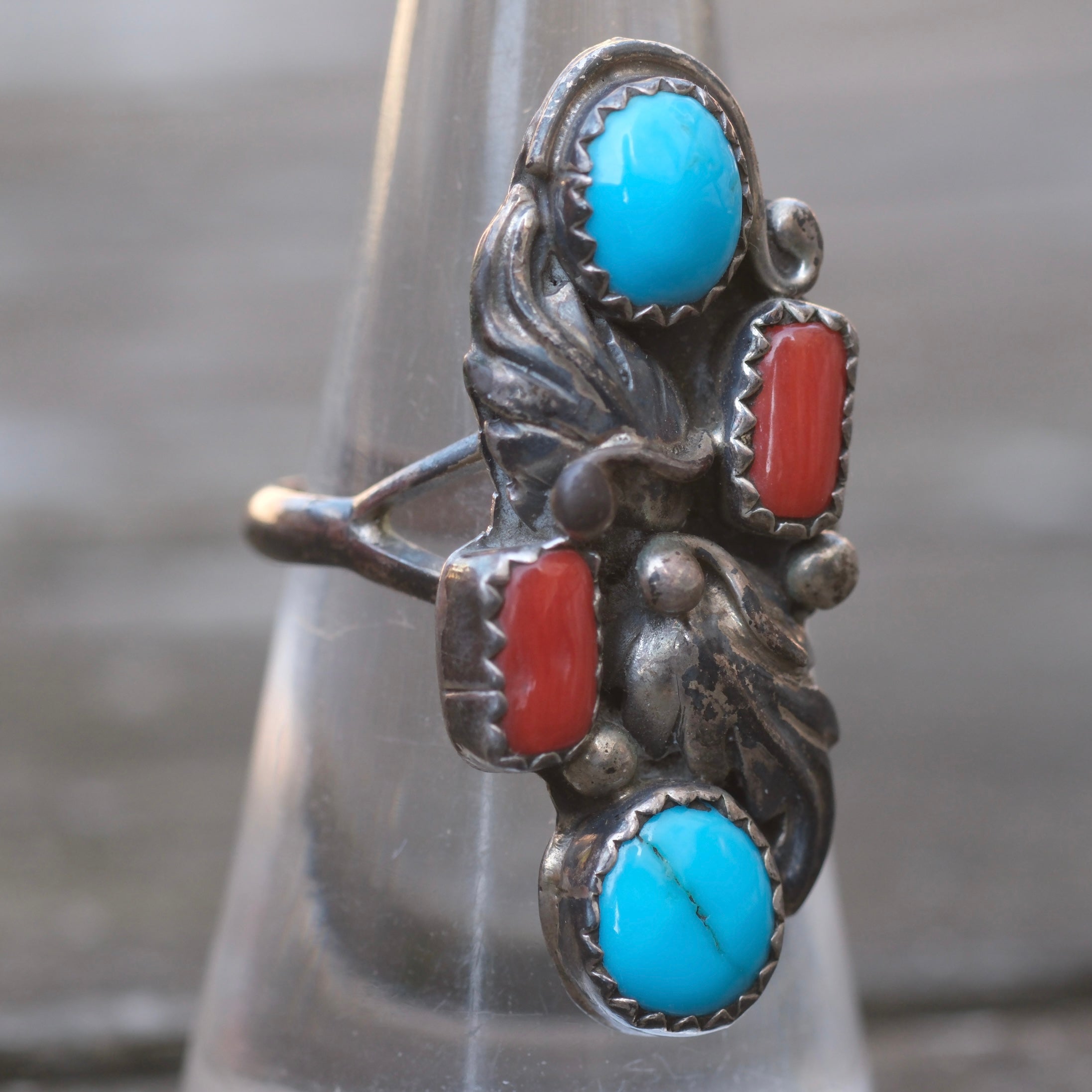 Vintage Sterling Turquoise and Coral Feather Ring 6.75