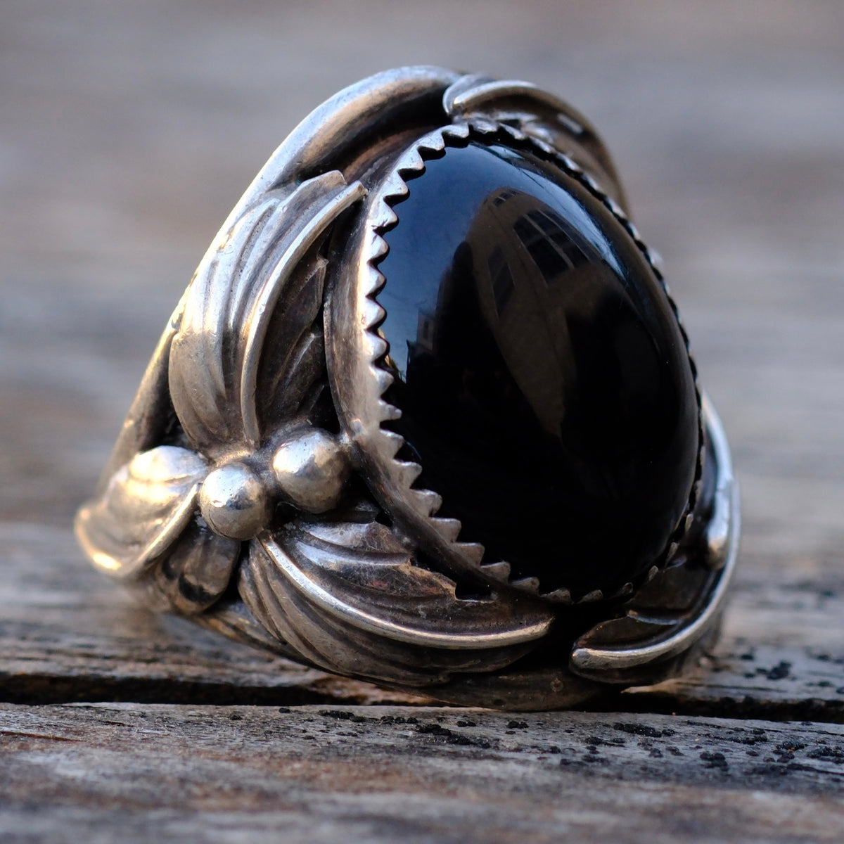 Vintage Sterling Onyx Feather Ring 8.75