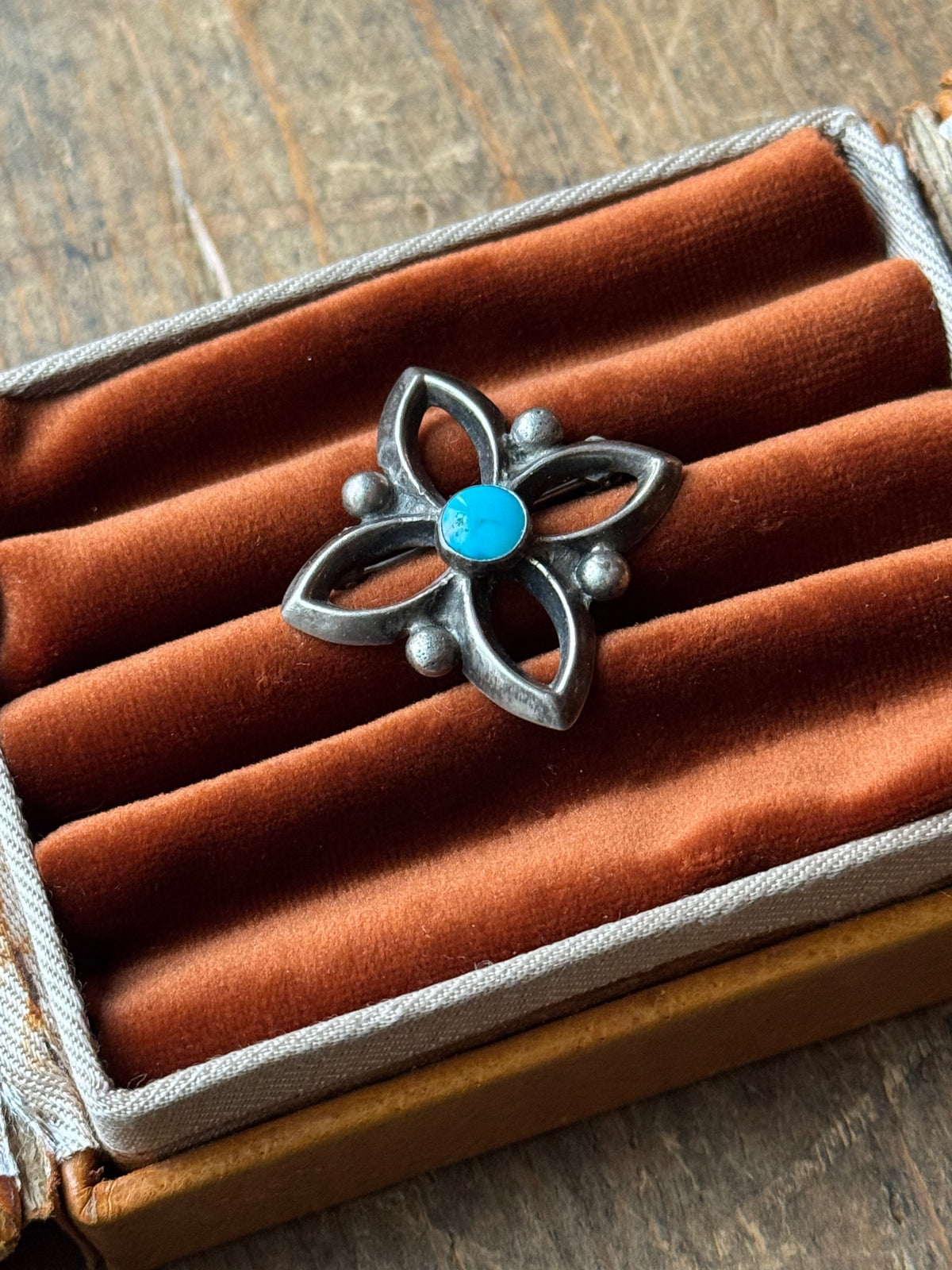 Vintage Sterling Silver Turquoise Sandcast Florette Pin
