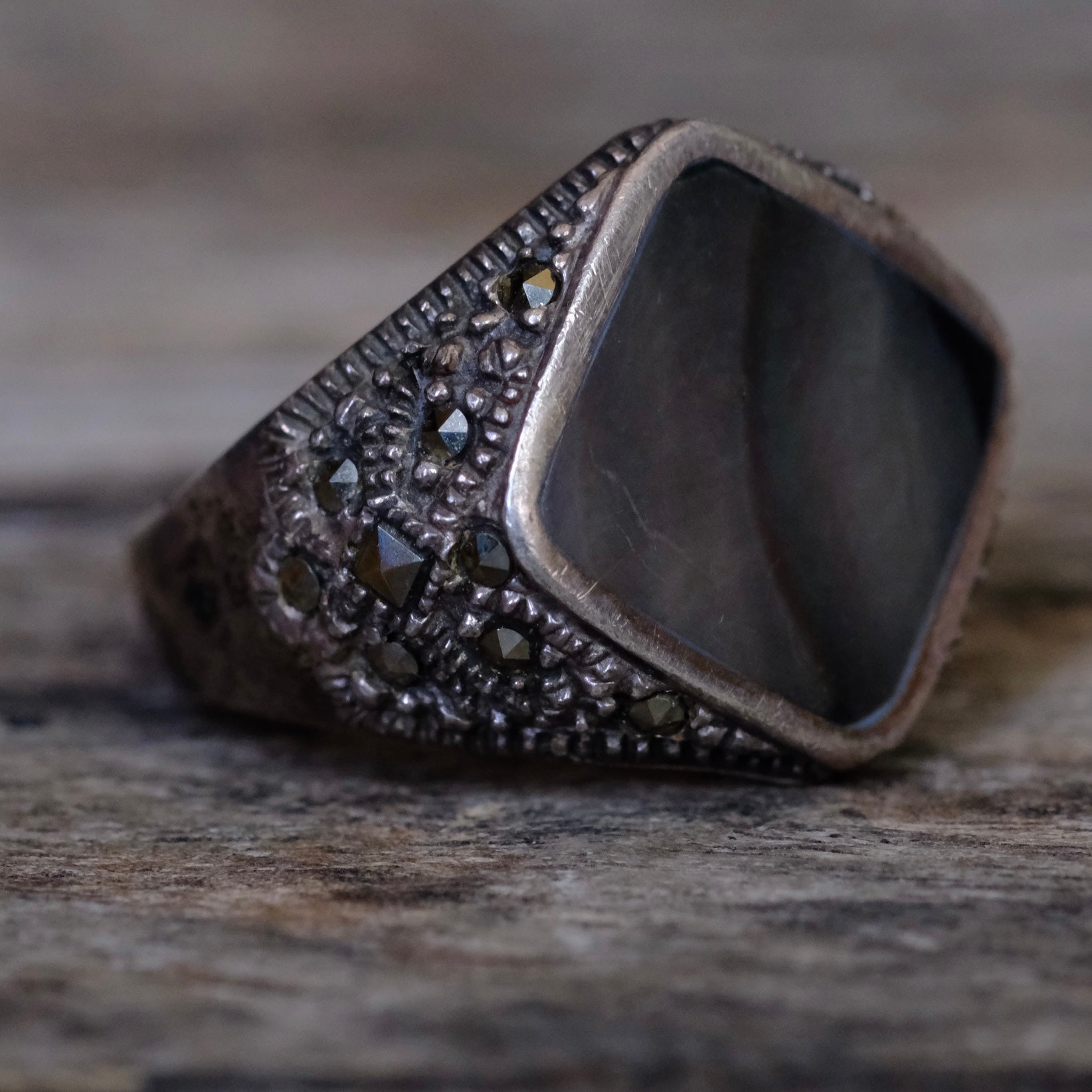Vintage Sterling Abalone and Marcosite Signet Ring 8.75