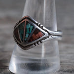 Vintage Sterling Crushed Turquoise and Coral Inlay Ring 10.5