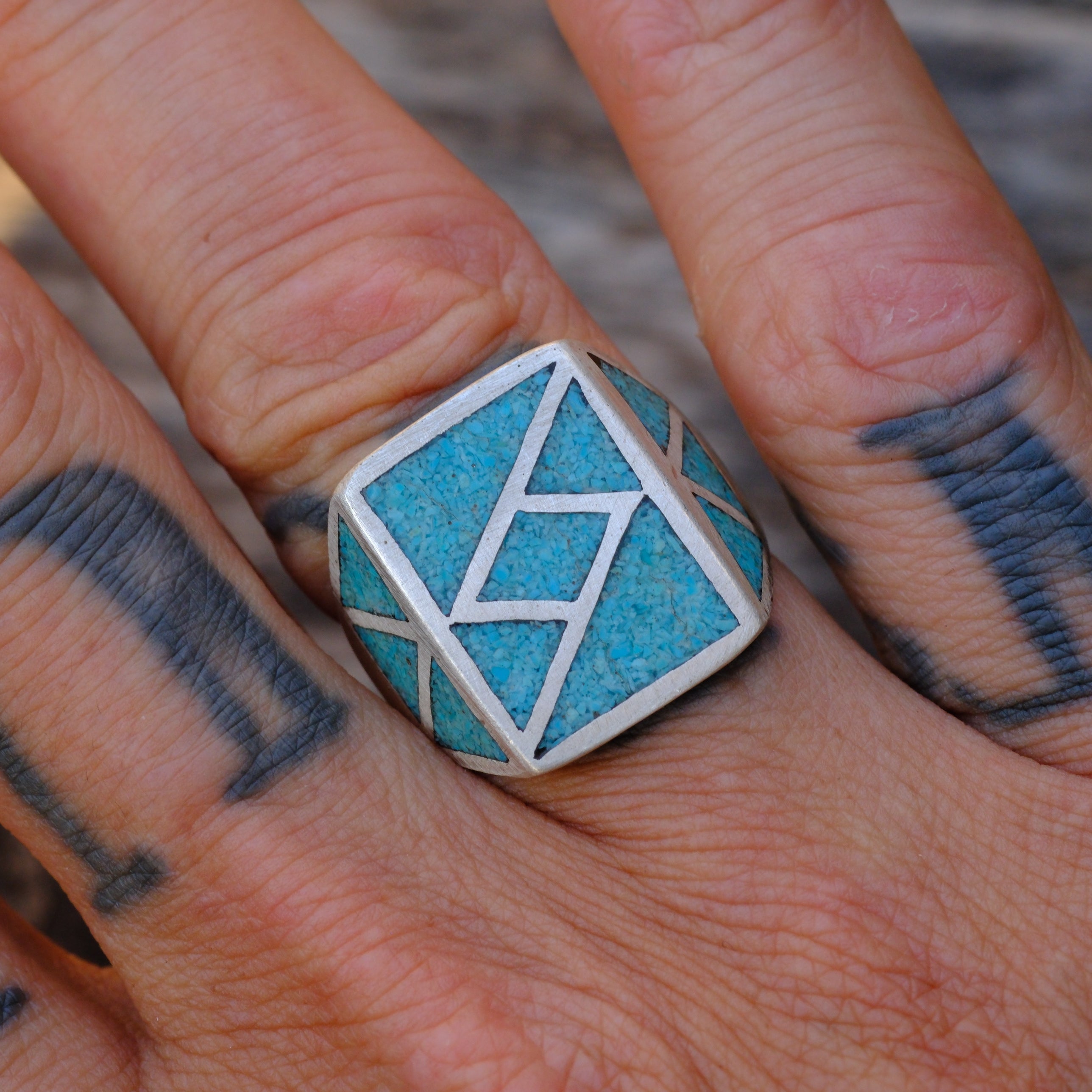Vintage Sterling Turquoise Inlay Ring 8.5