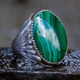 Vintage Sterling Malachite Ribbed Band Ring 11