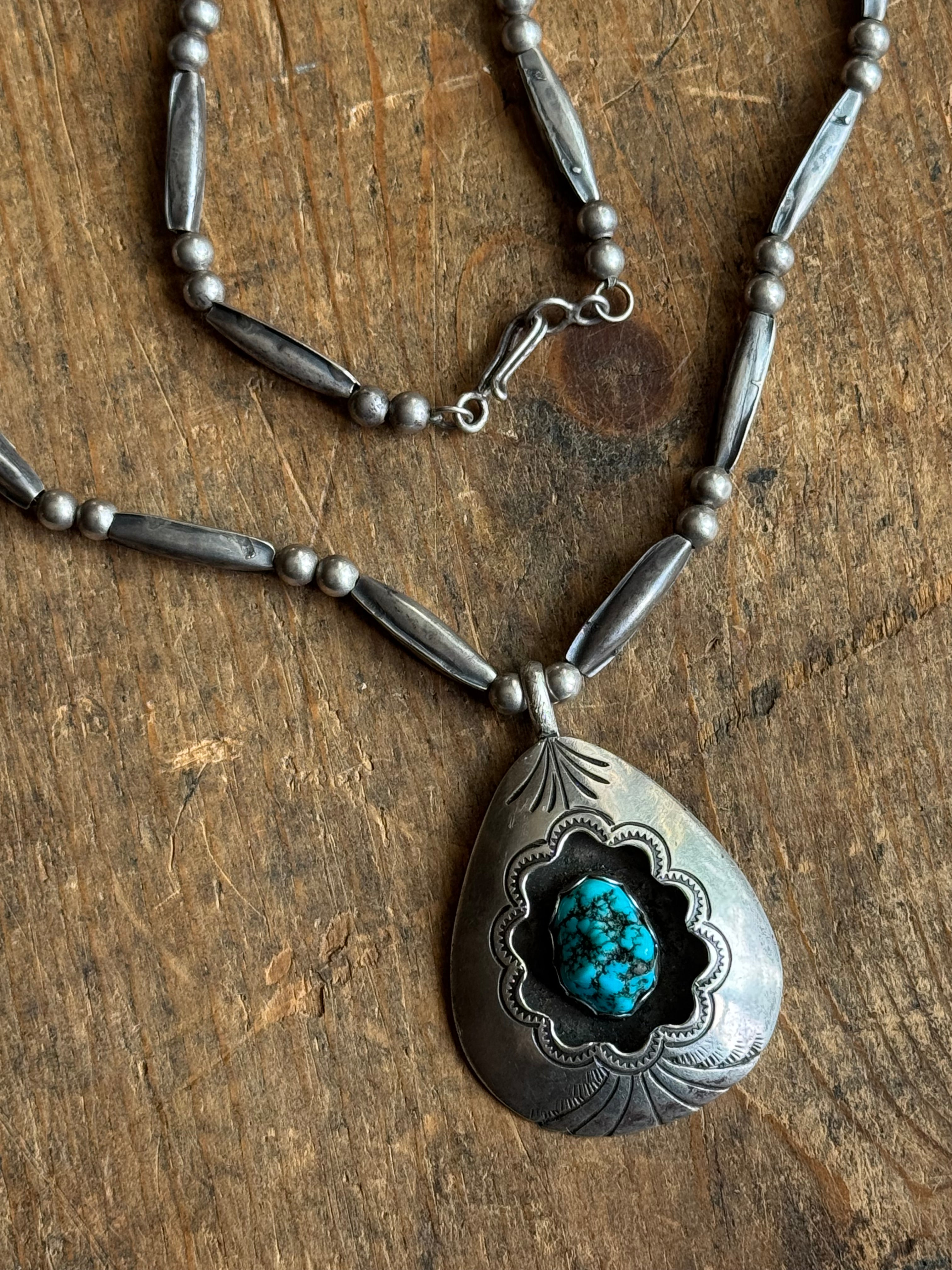 Vintage Sterling Silver Stamped Raw Turquoise Shadowbox Necklace