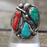 Vintage Sterling Turquoise and Coral Ring 8.75