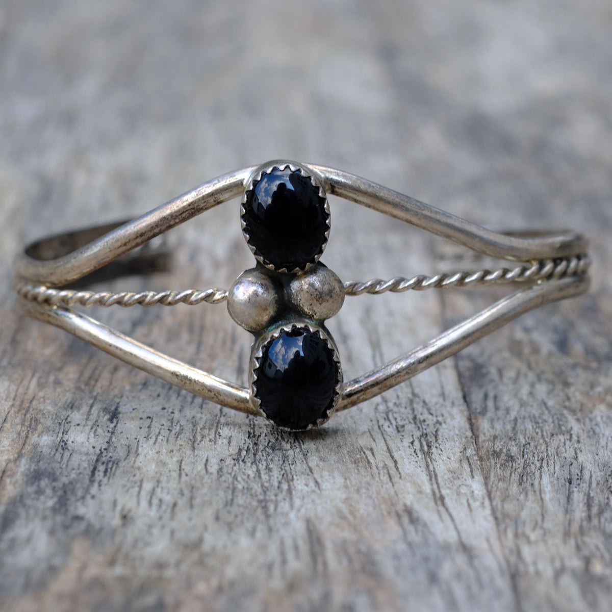 Vintage Sterling 2-Stone Onyx Cuff Bracelet
