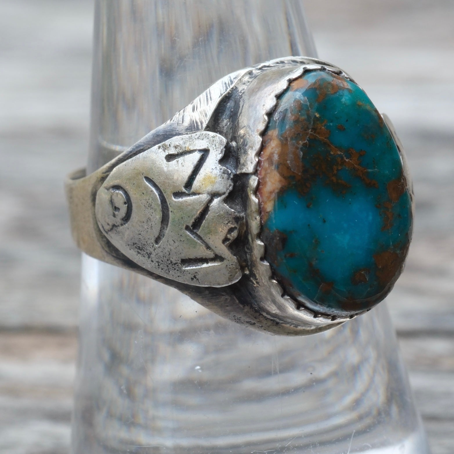 Vintage Sterling Turquoise Stamped Band Ring 6.25