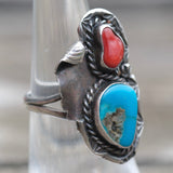 Vintage Sterling Turquoise and Coral Ring 5.75