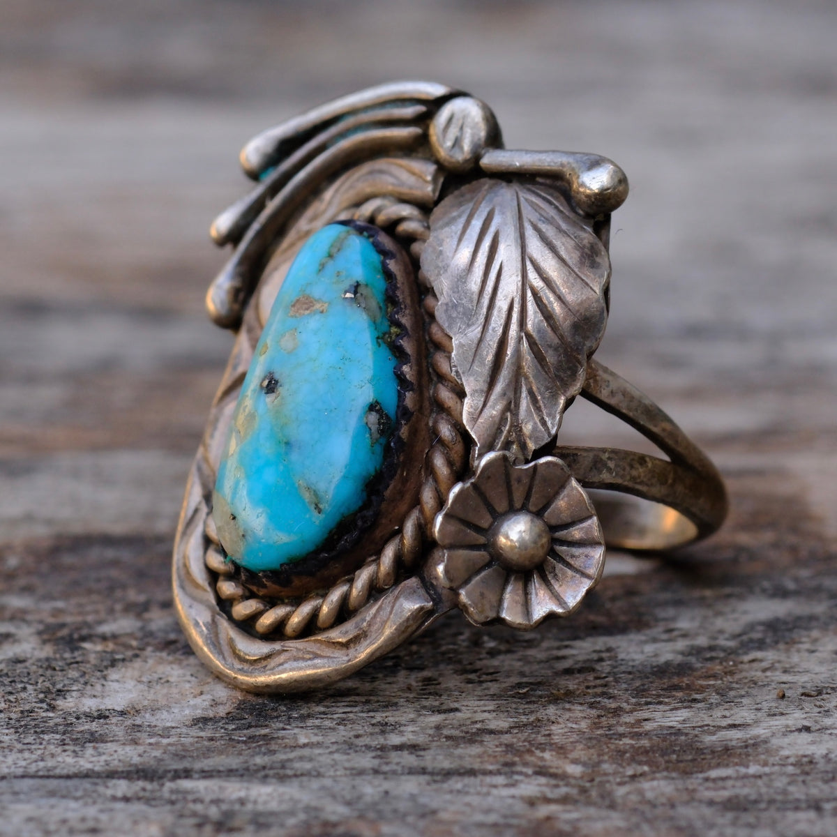 Vintage Sterling Turquoise Feather Ring 6