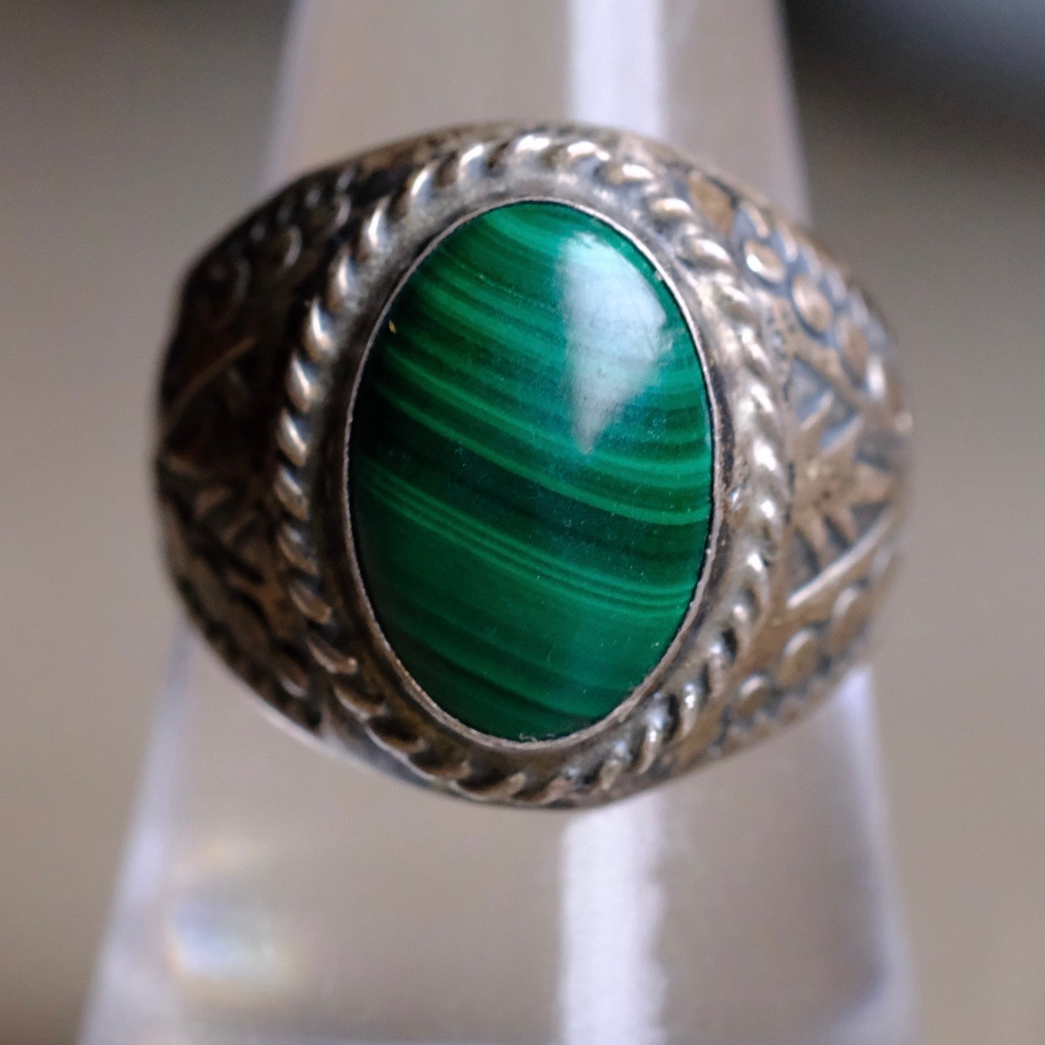 Vintage Sterling Malachite Stamped Band Ring 9