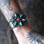 Chunky Vintage Sterling Turquoise and Coral Cluster Cuff