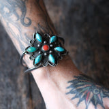 Chunky Vintage Sterling Turquoise and Coral Cluster Cuff