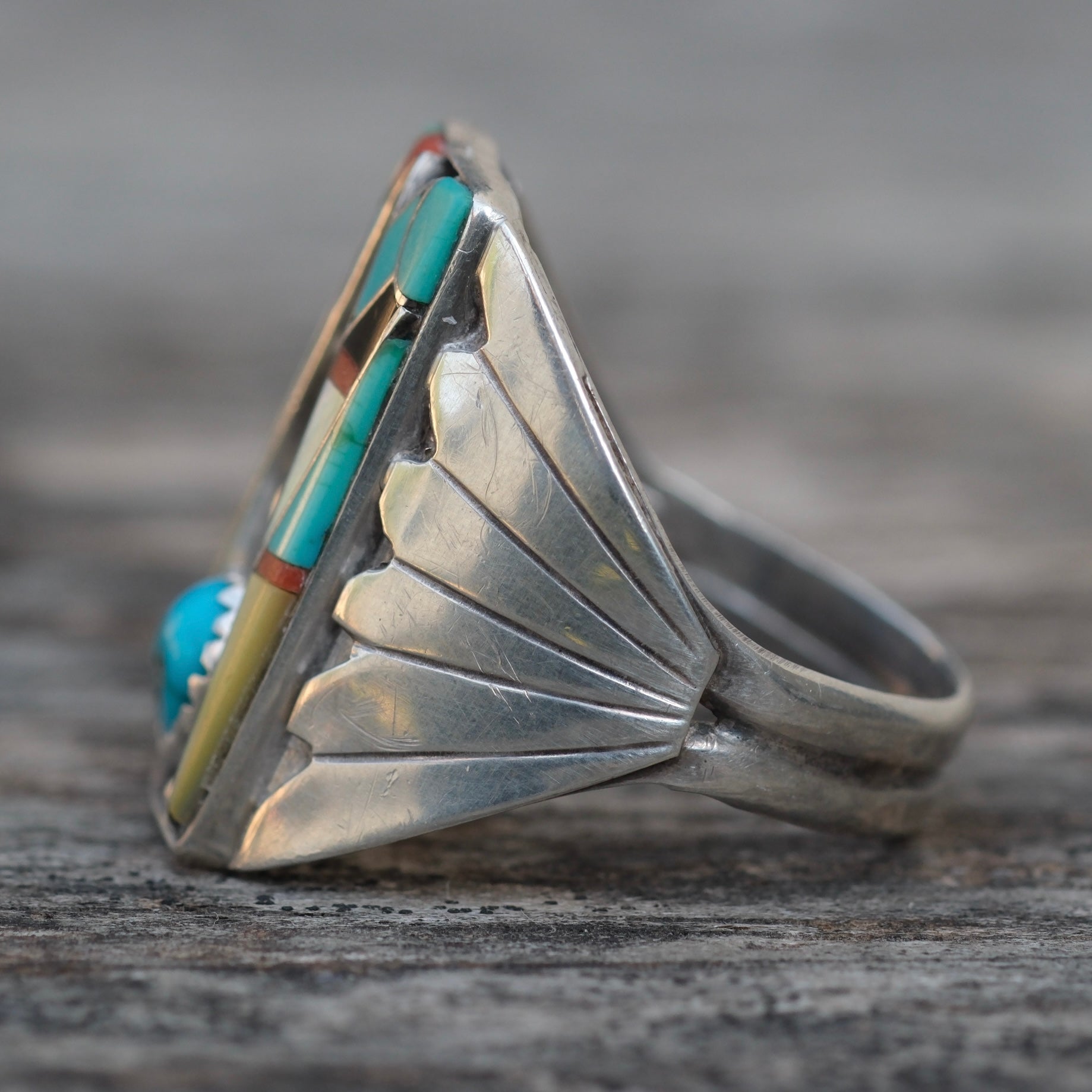 Vintage Sterling Zuni Inlay Ring 11.5